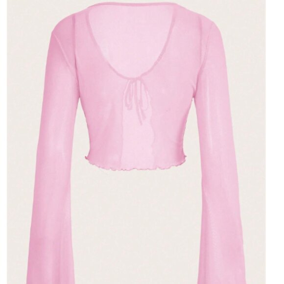 Women's Sheer Shrug Crop Top Long Sleeve Tie Front Lettuce Trim Mesh Open top L - Picture 3 of 3